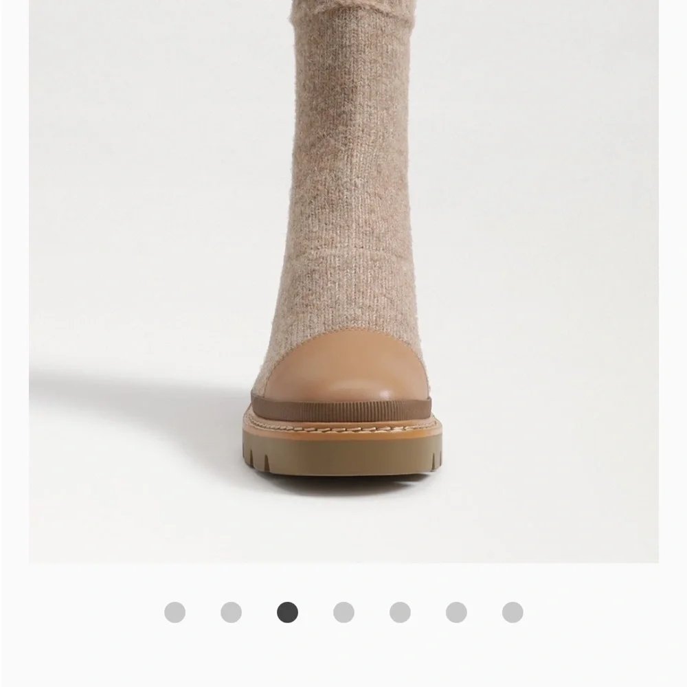 Lug Sole Sock Boots, Block Heel Ankle Booties, Tan Neutral Winter‎ Shoes - Picture 5 of 6